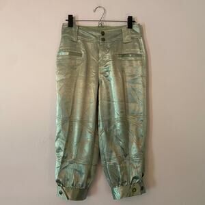 NWT Free People Women's size 2 Green Shimmer Cropped Capri Pants Baggy